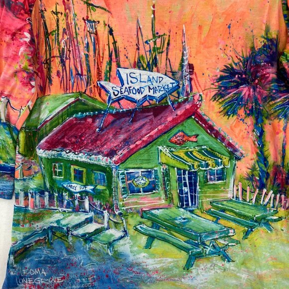 Leoma Lovegrove Large Colorful Artsy Drawing 3/4 Sleeve Stretch Casual Top - Picture 4 of 9